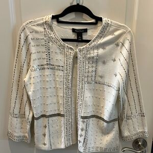 WHITE HOUSE BLACK MARKET Cream Silver Beaded/Sequined Cardigan Sweater XL.
